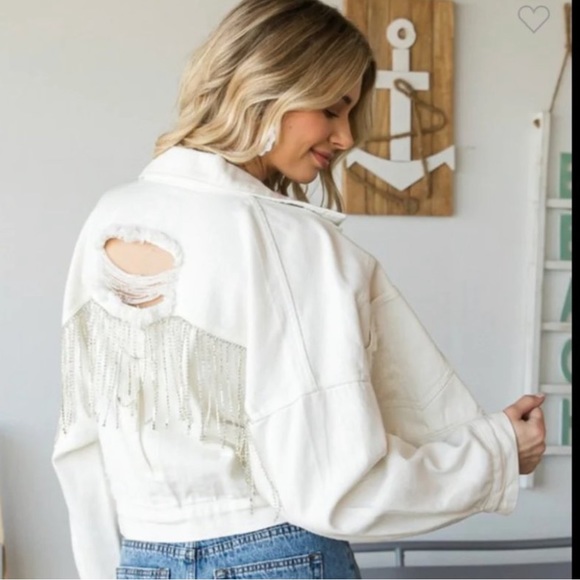 White Cropped Denim Jacket w/ Diamond Tassels - Picture 2 of 7